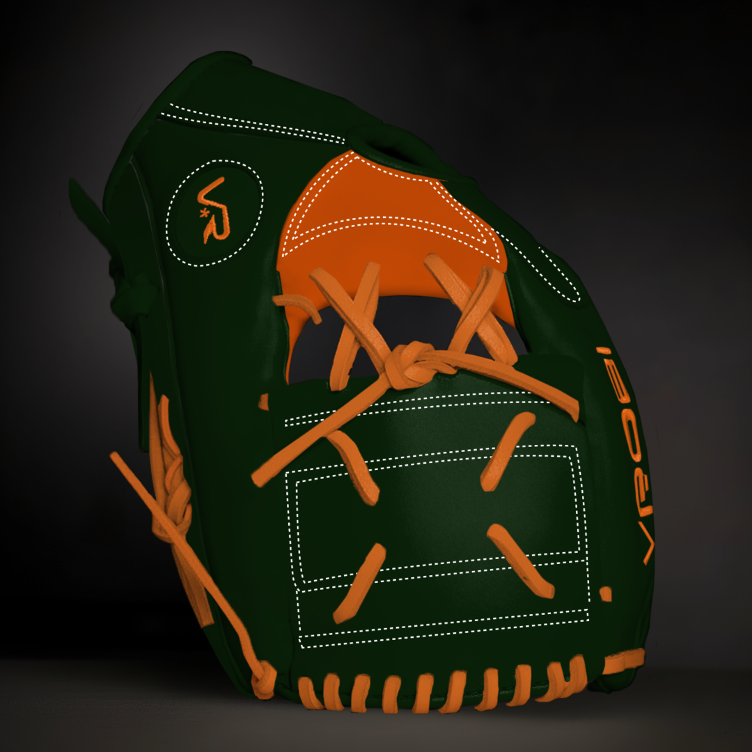 Green and orange baseball glove on a dark background