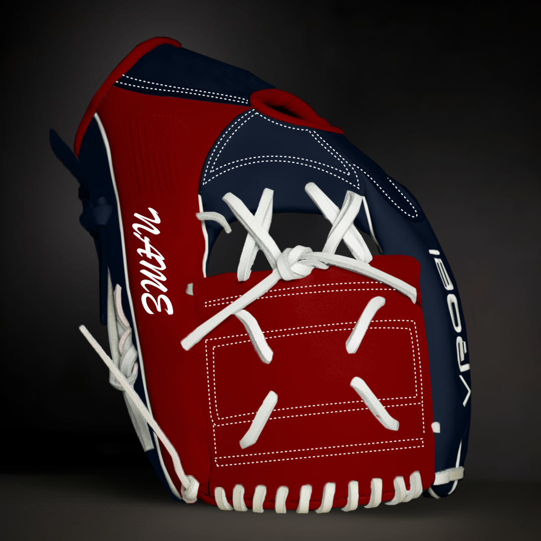 Baseball glove with red, white, and blue color scheme on a dark background