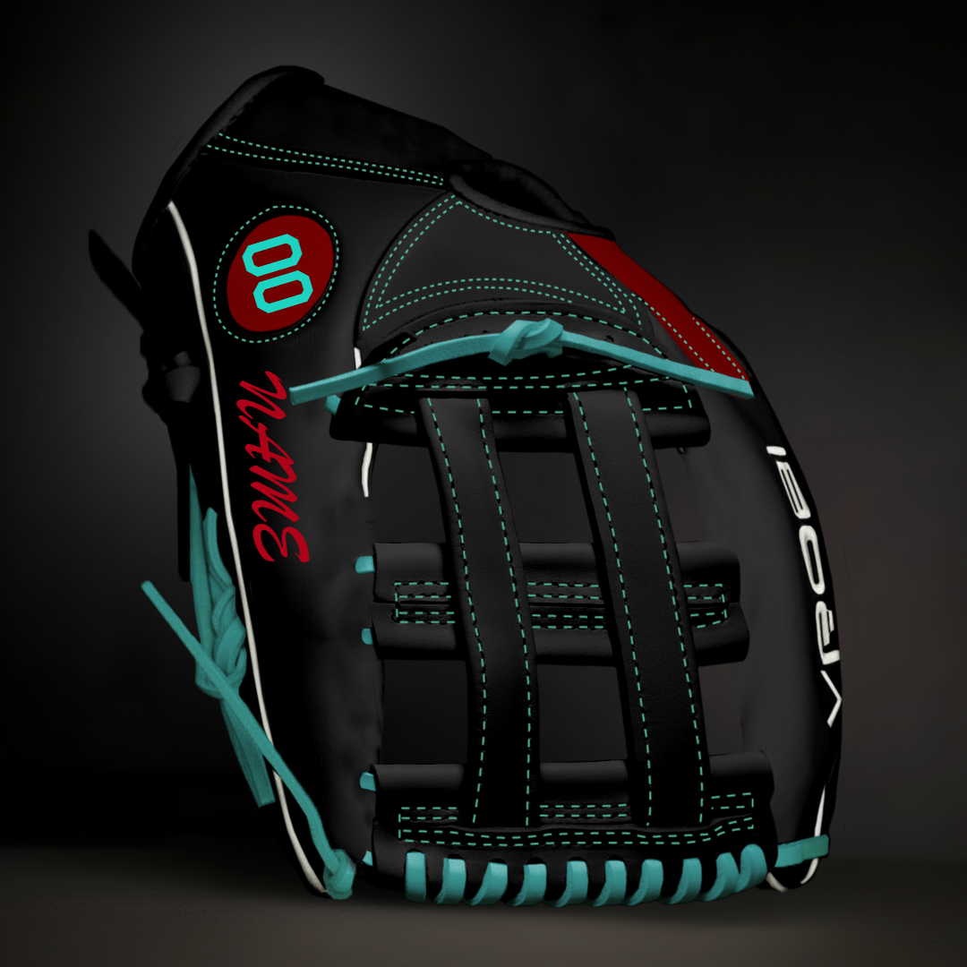 Black baseball glove with teal laces and red lettering on a dark background