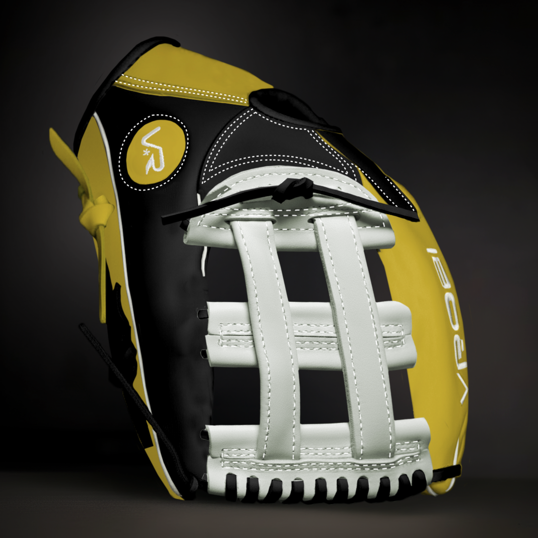 Softball glove with black, yellow, and white design on a dark background