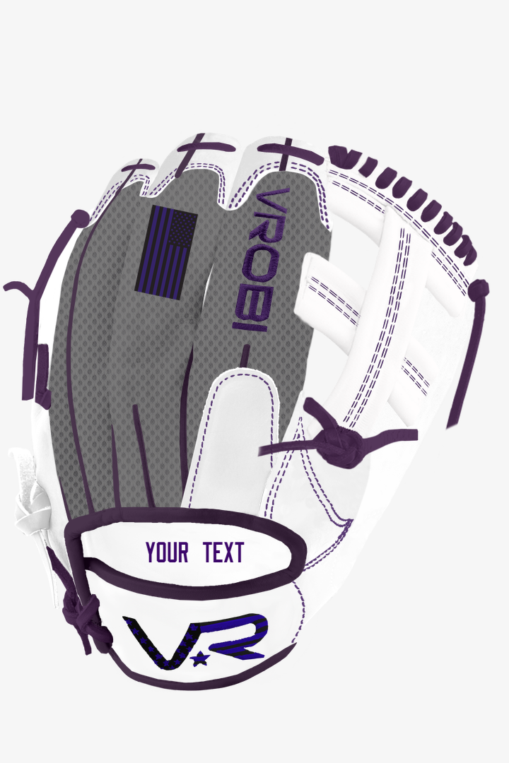 A Custom Vrobi White, Grey, and Purple Outfield Baseball Glove with a Post Web and USA Flag embroidery in U.S Steerhide Leather