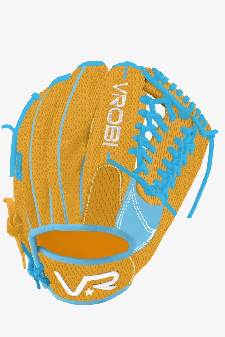 A custom Vrobi Yellow Snakeskin and Sky Blue Outfield Baseball Glove in Japanese Kip Leather