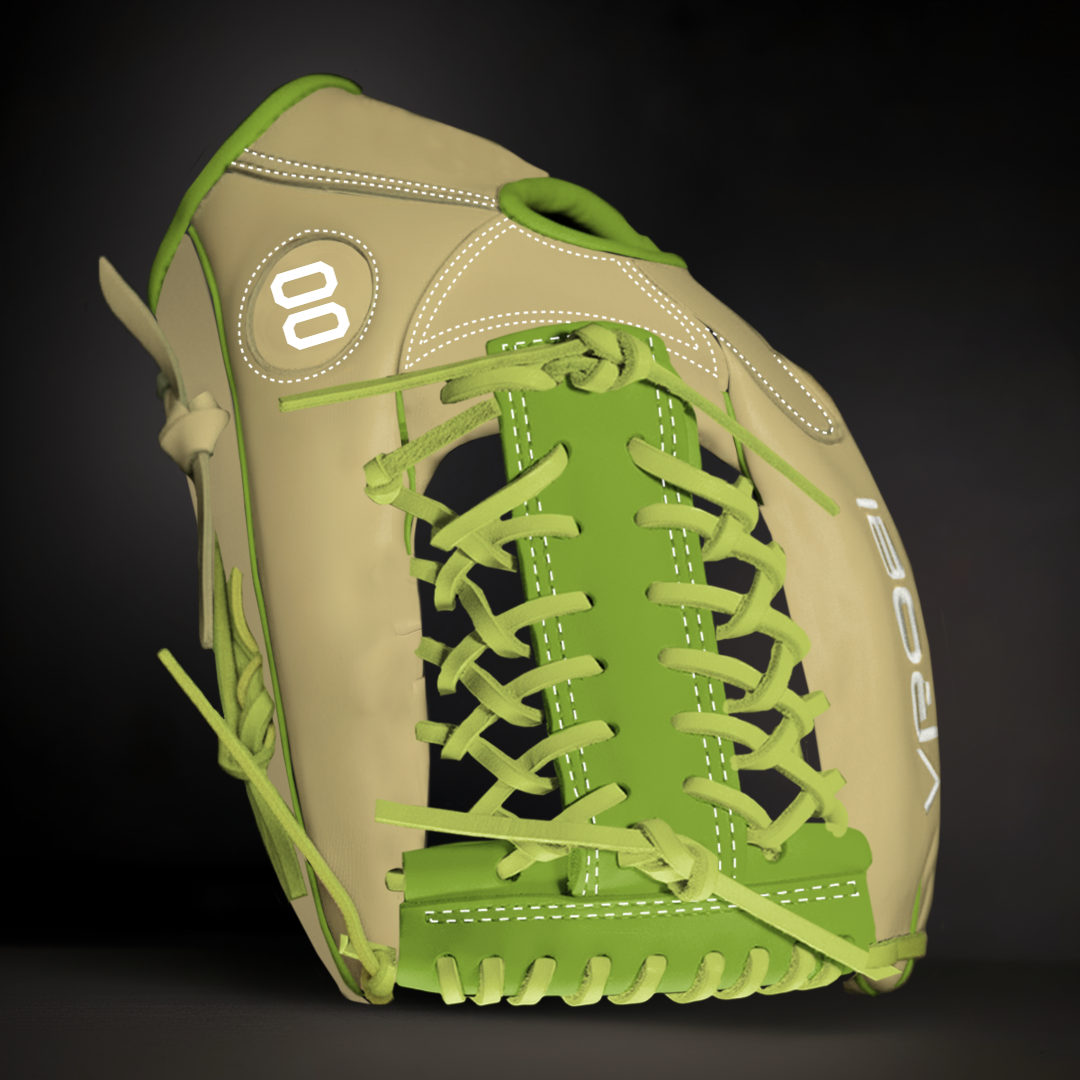 Softball glove with green laces on a black background