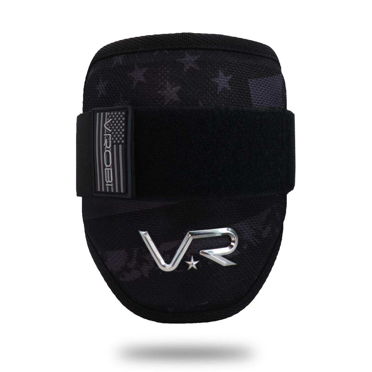 A Vrobi Black and Charcoal US Flag Baseball and Softball Elbow Guard with a chrome 3D logo. 