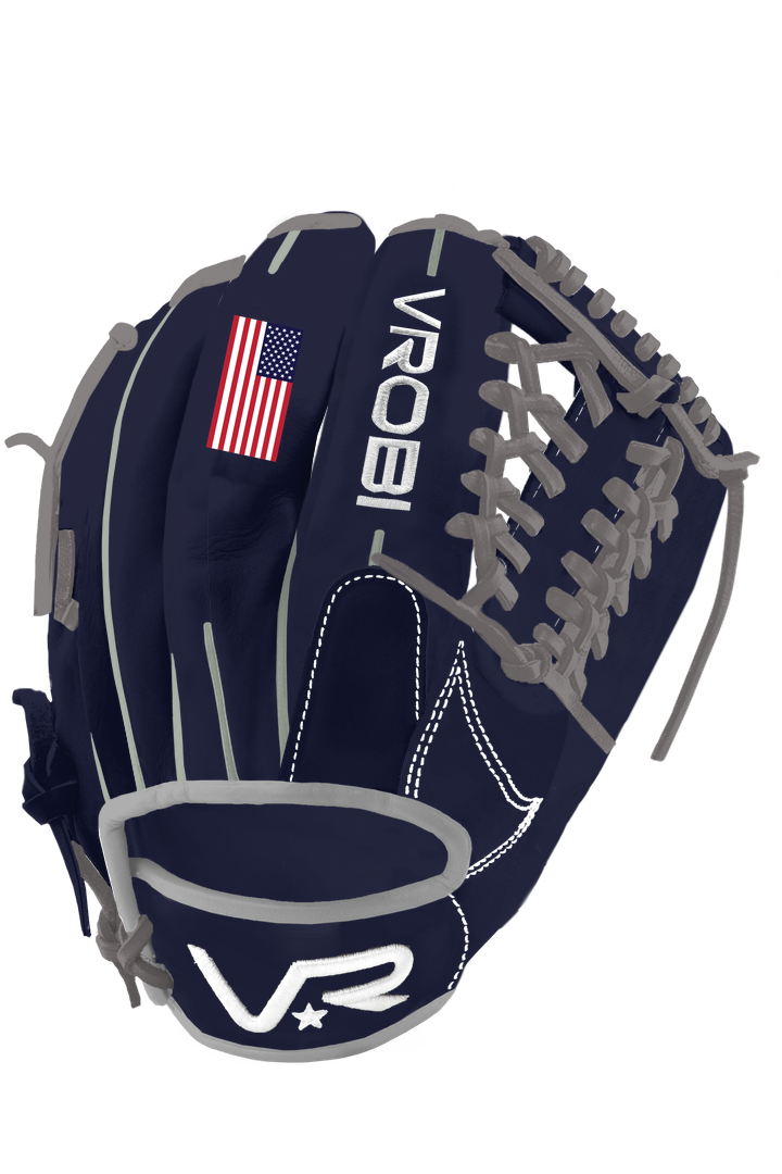 A custom Vrobi Navy and Grey Modified T Web baseball glove with USA Flag embroidery in Cowhide leather