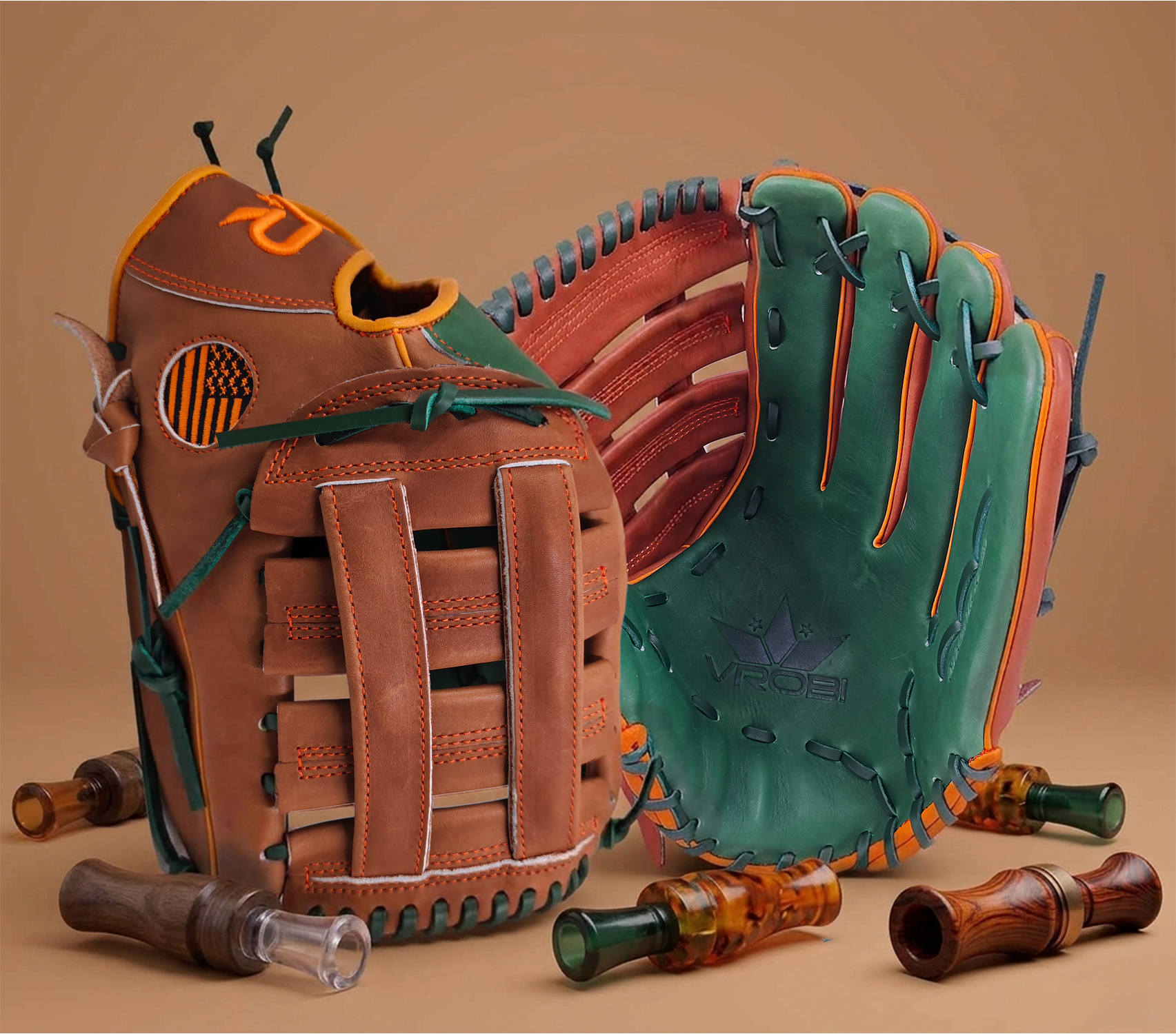 Two baseball gloves, one brown and one green, with tools on a beige background