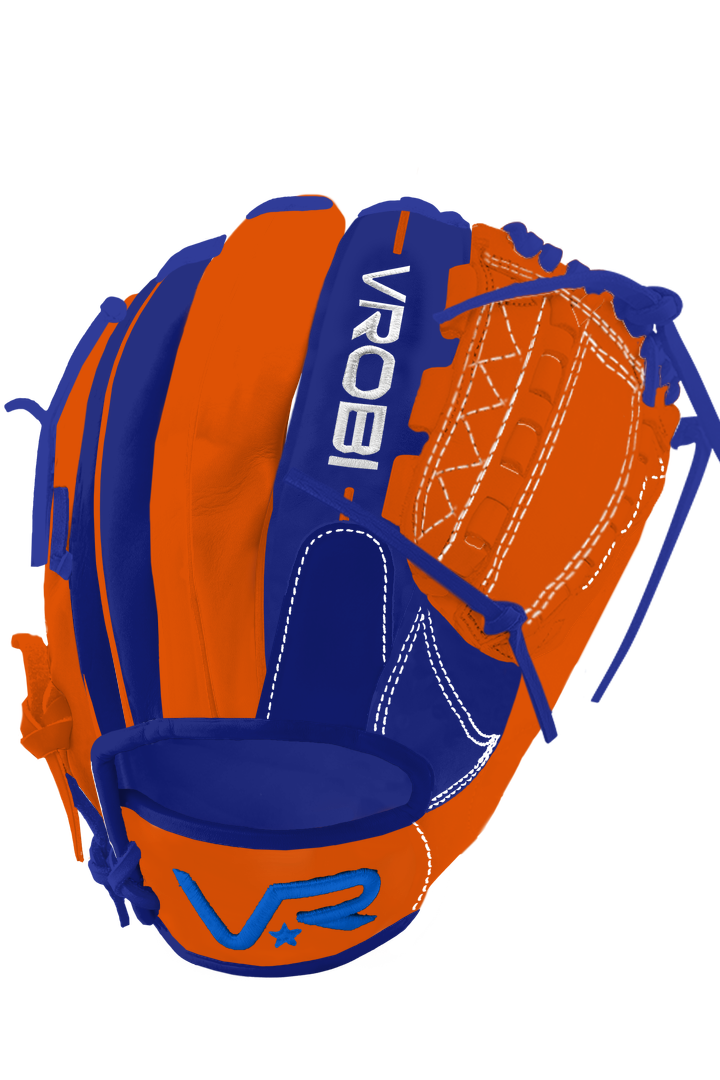 A Custom Vrobi Royal Blue and Orange Dual Hinge Baseball Glove in Japanese Kip Leather