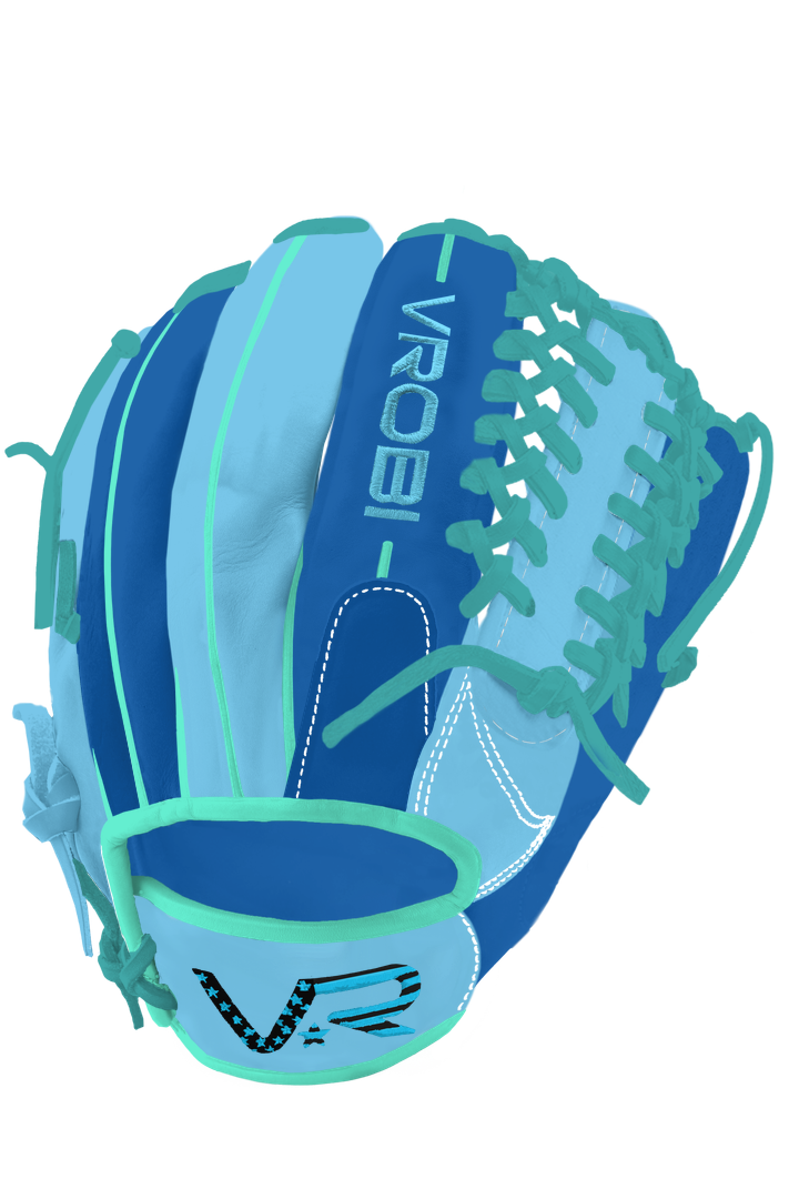 A custom Vrobi Royal Blue, Sky Blue, and Mint Baseball glove in U.S Steerhide Leather