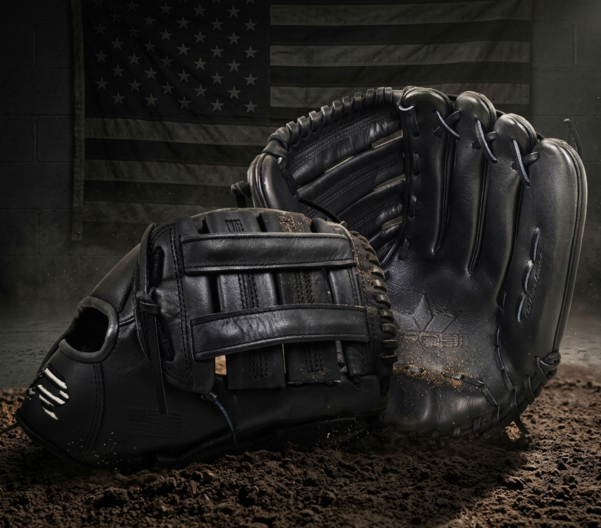 Black baseball glove on a dark background with an American flag.