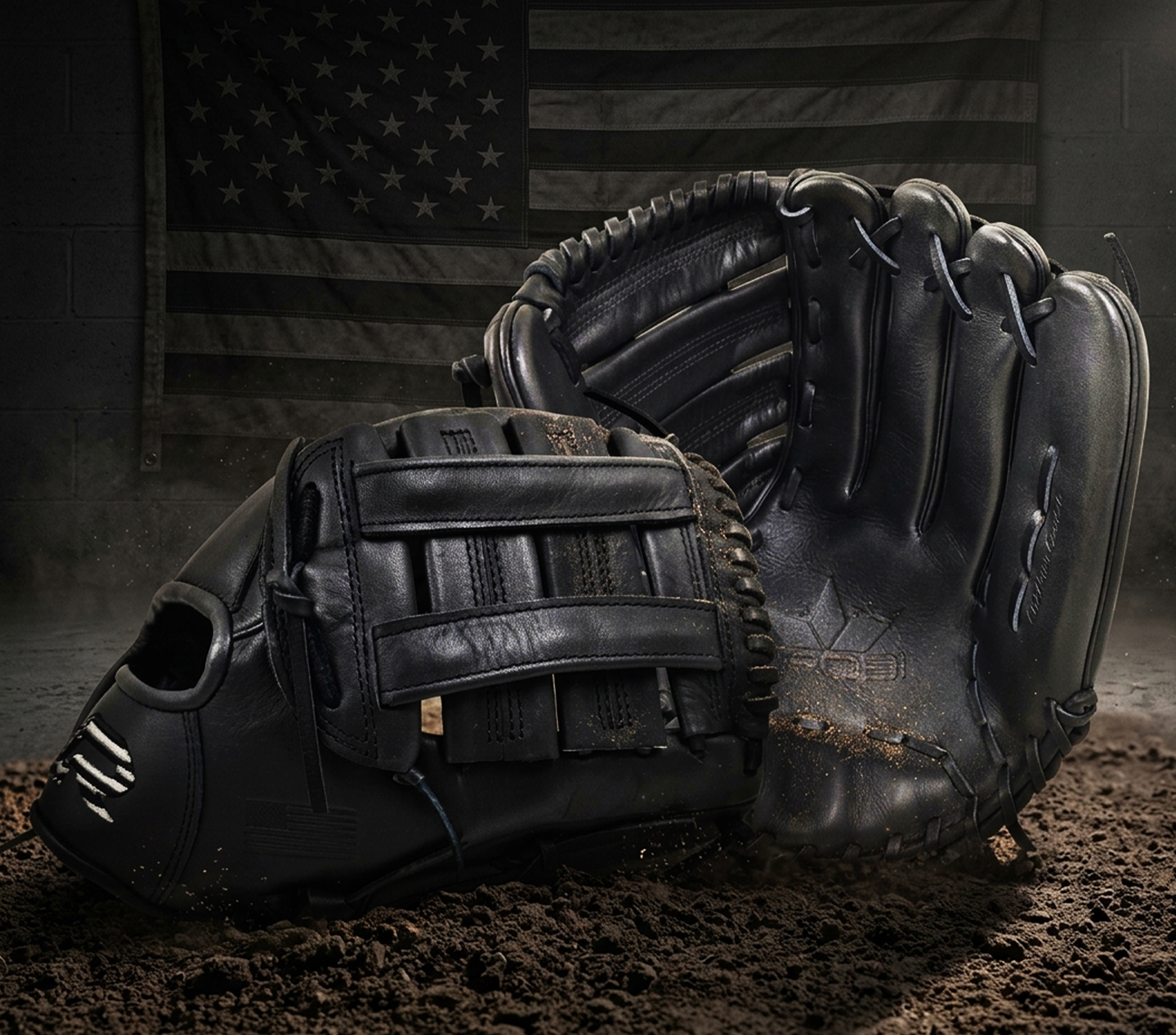 Black baseball glove on a dark background with an American flag.