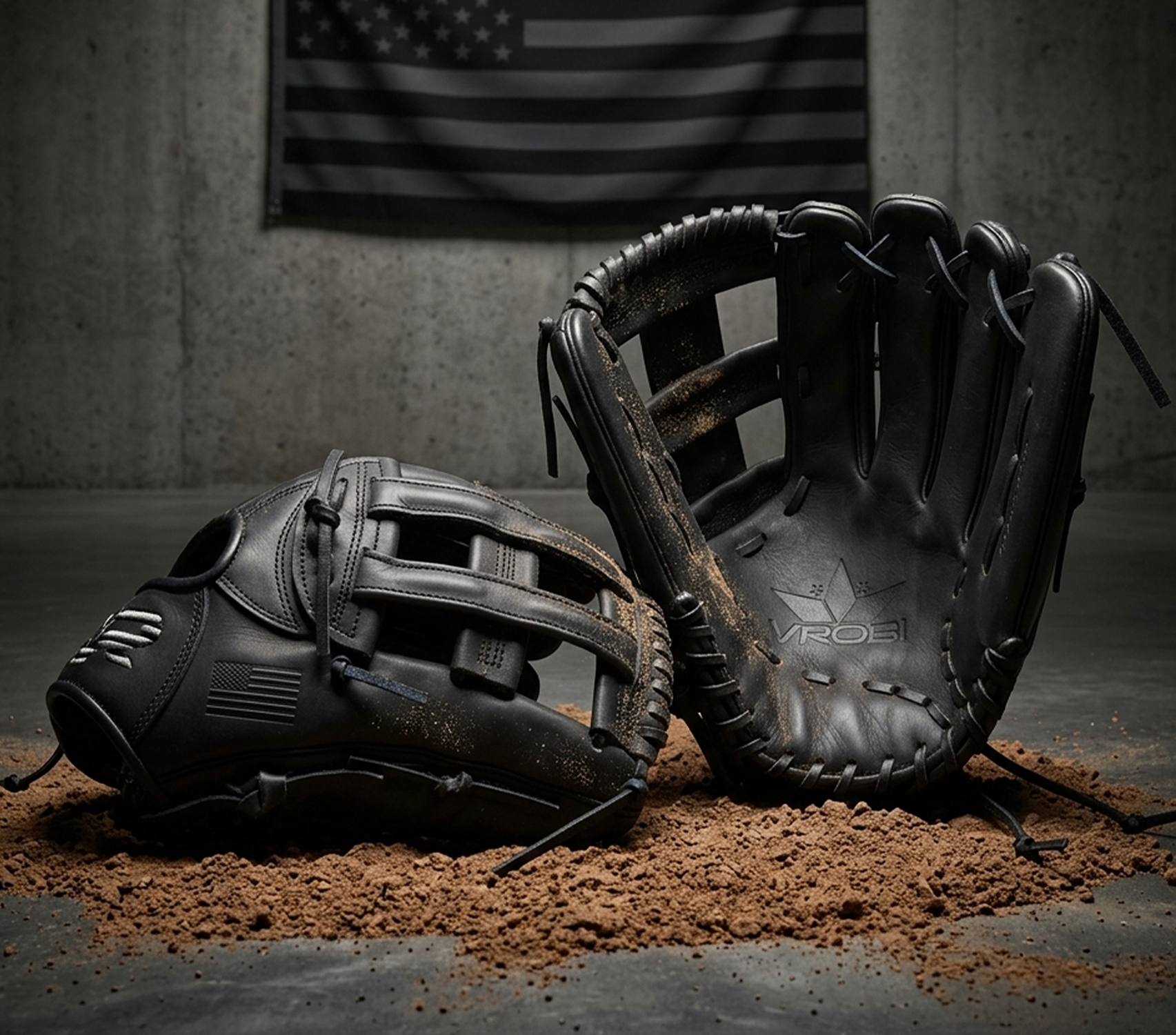 Two black Slowpitch Softball gloves on a surface with a flag in the background