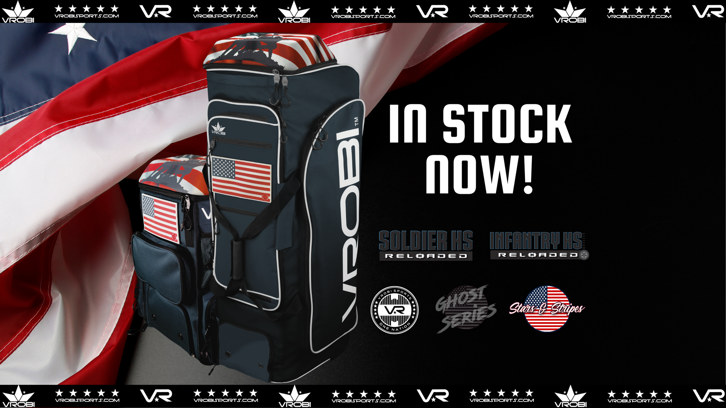 A Vrobi wheeled catchers bag and bat bag in front of an American Flag