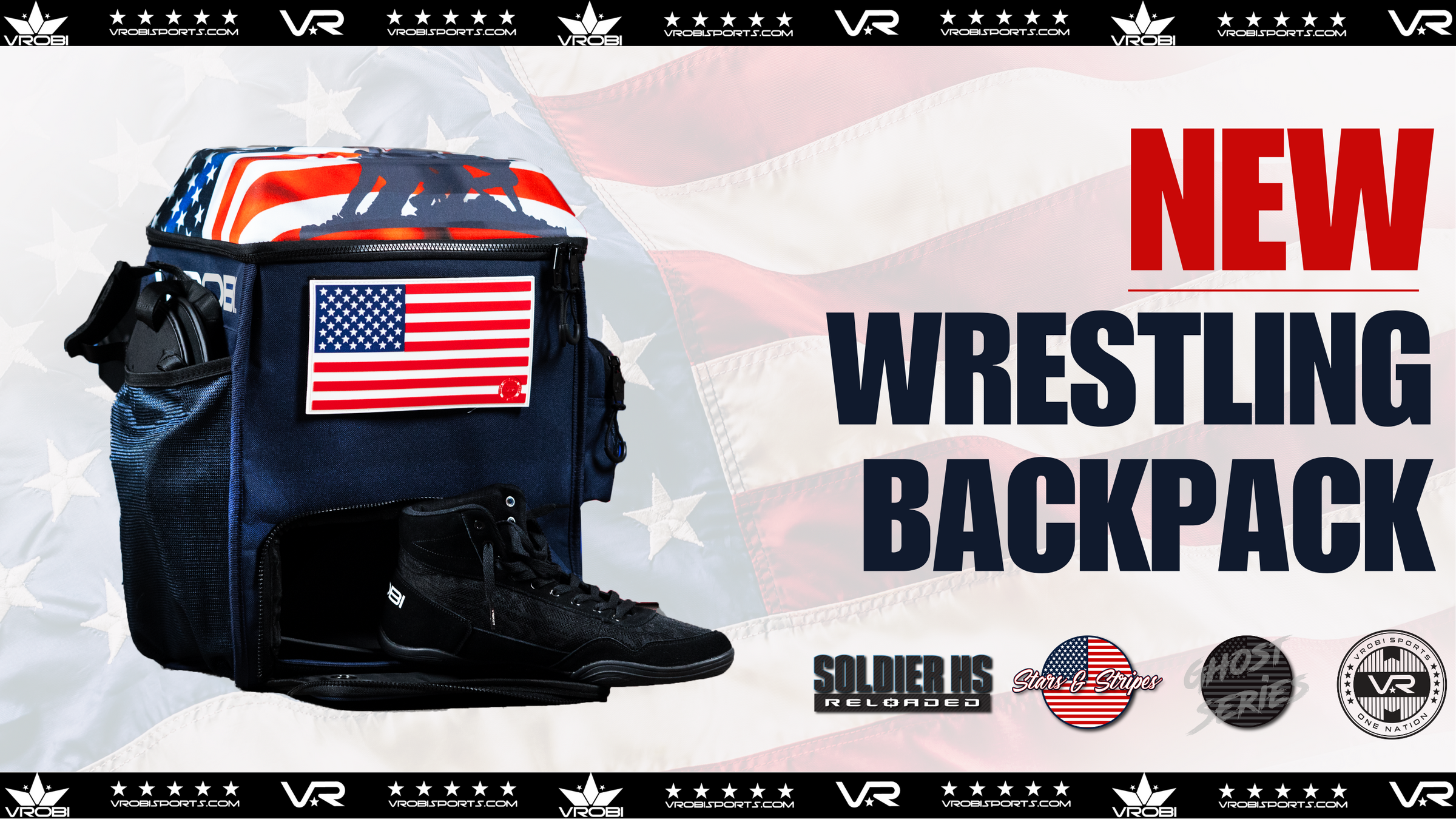 Wrestling backpack with American flag design on a background with VR branding.