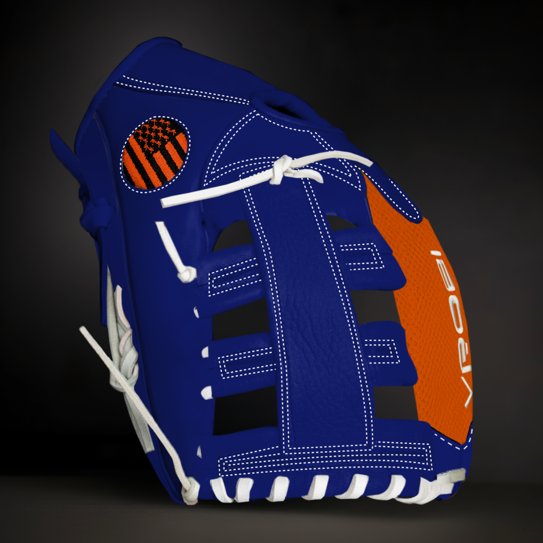 Blue and orange baseball glove with white laces on a dark background