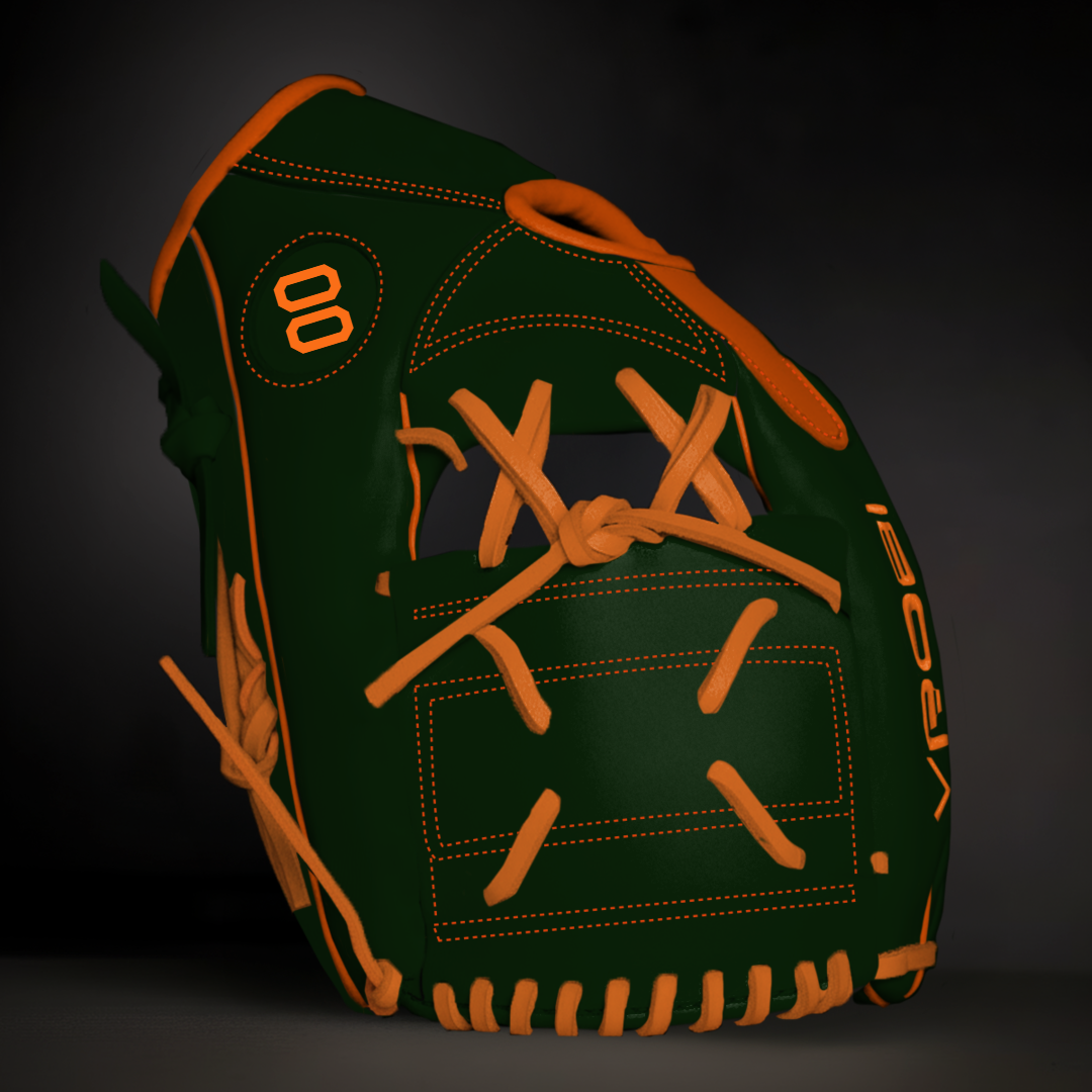 Green baseball glove with orange stitching on a dark background