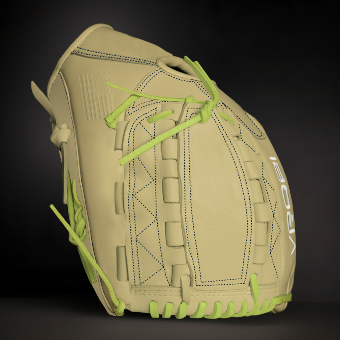 Beige baseball glove with green laces on a black background