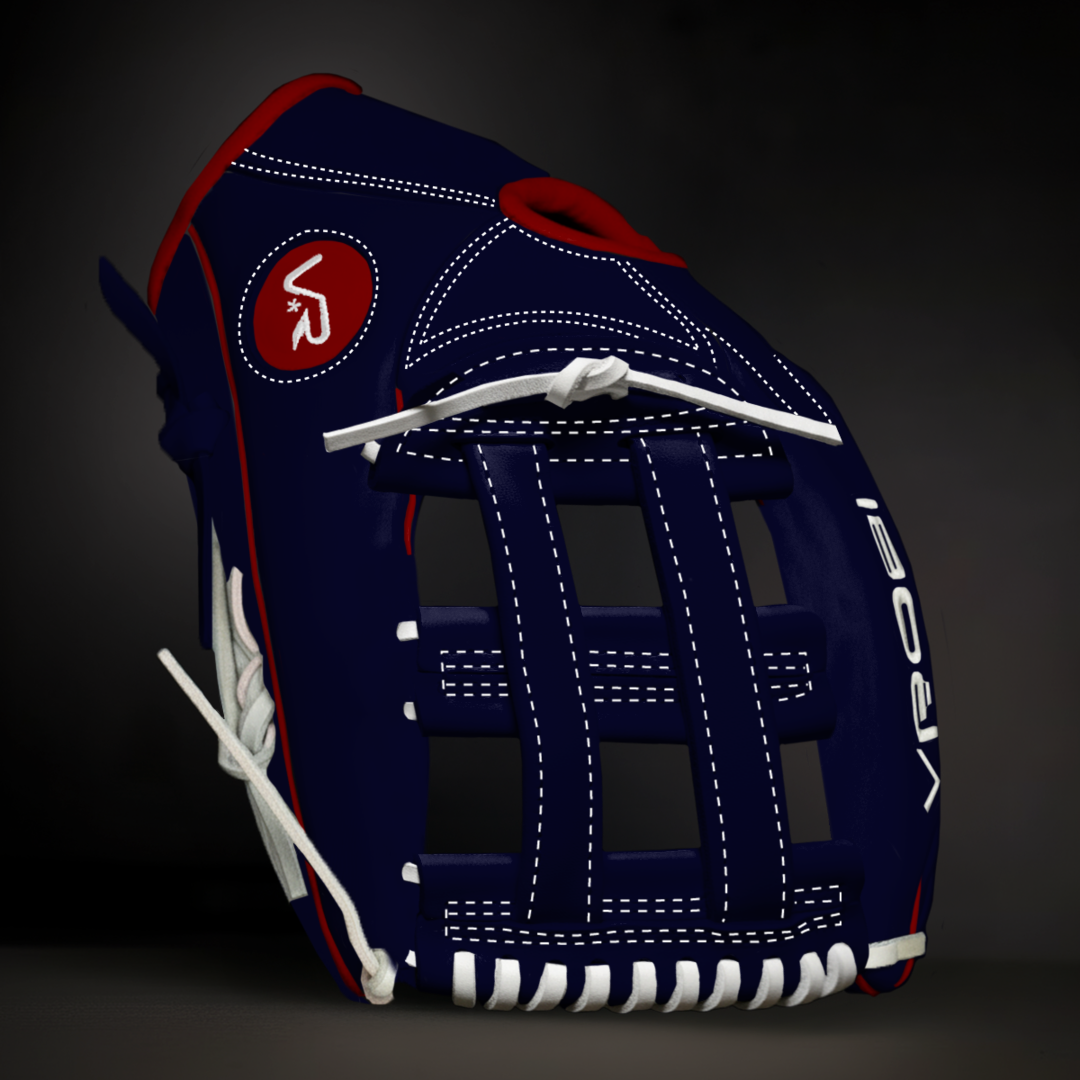 Baseball glove with brand logo on a dark background