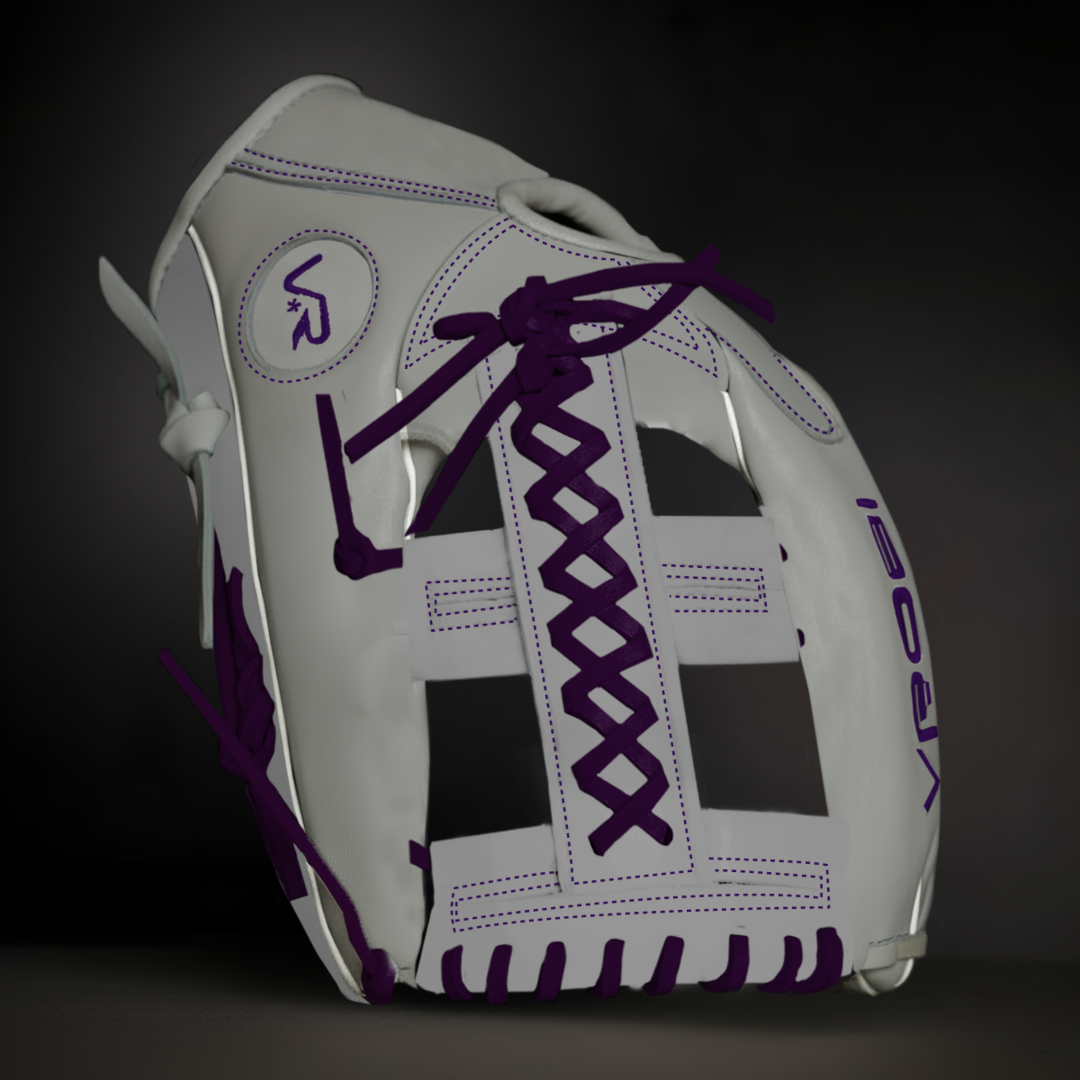 Baseball glove with white and purple design on a dark background