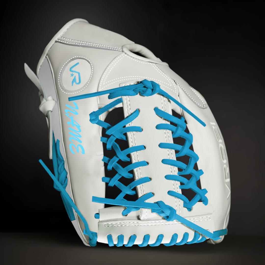 White baseball glove with blue laces on a black background