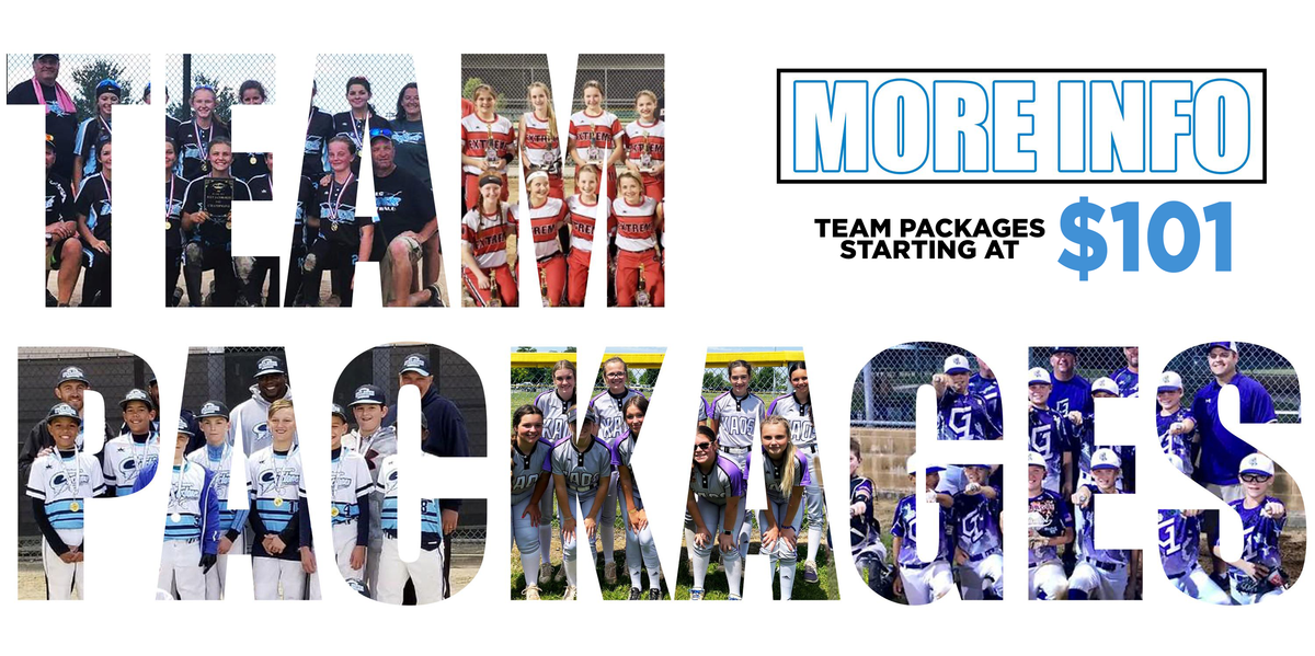 Promotional graphic for custom uniform team packages, showing large cutout letters spelling TEAM and PACKAGES filled with photos of youth sports teams, alongside text reading MORE INFO TEAM PACKAGES STARTING AT $101.