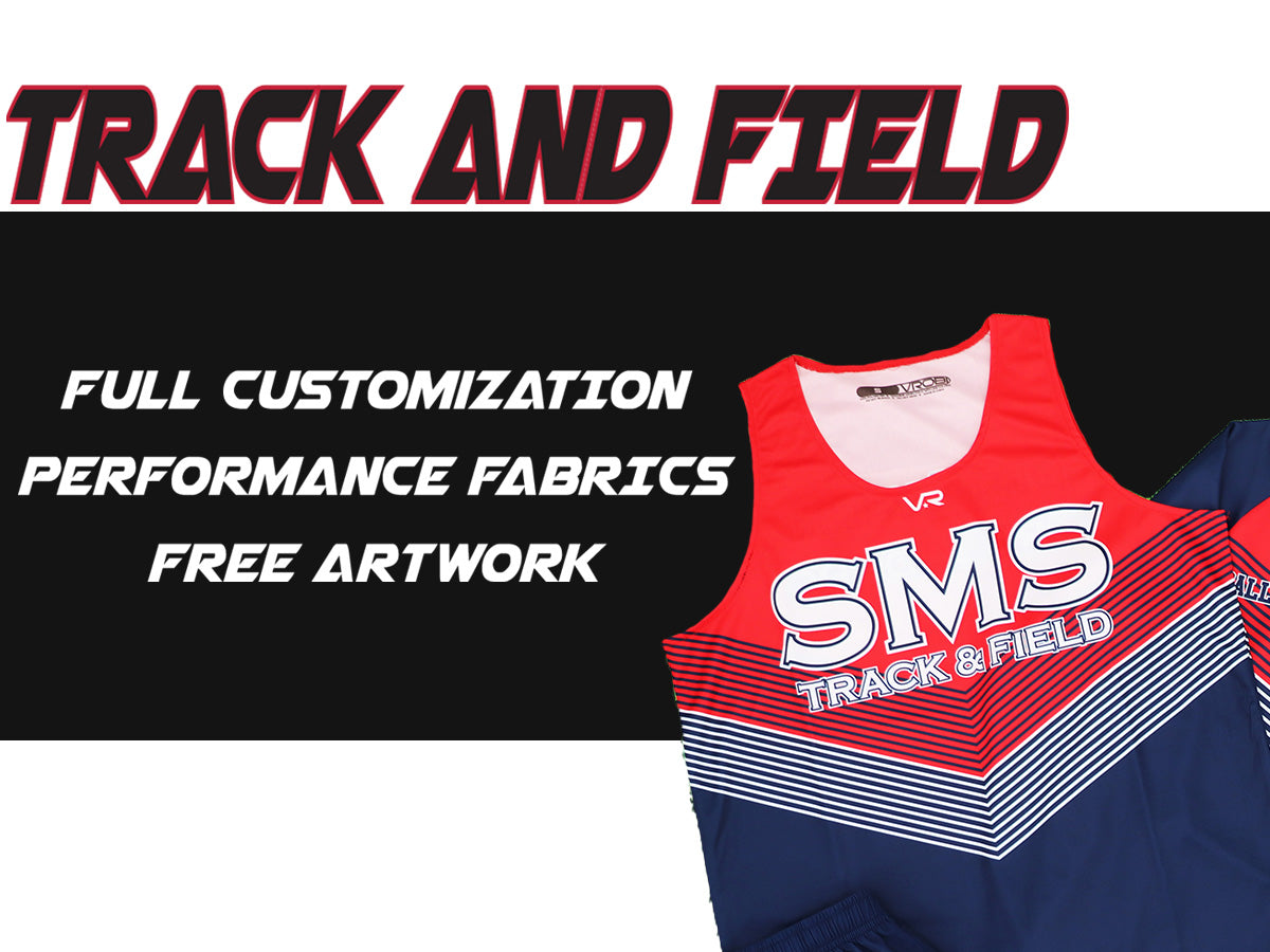 Custom Vrobi red and navy SMS track and field uniform