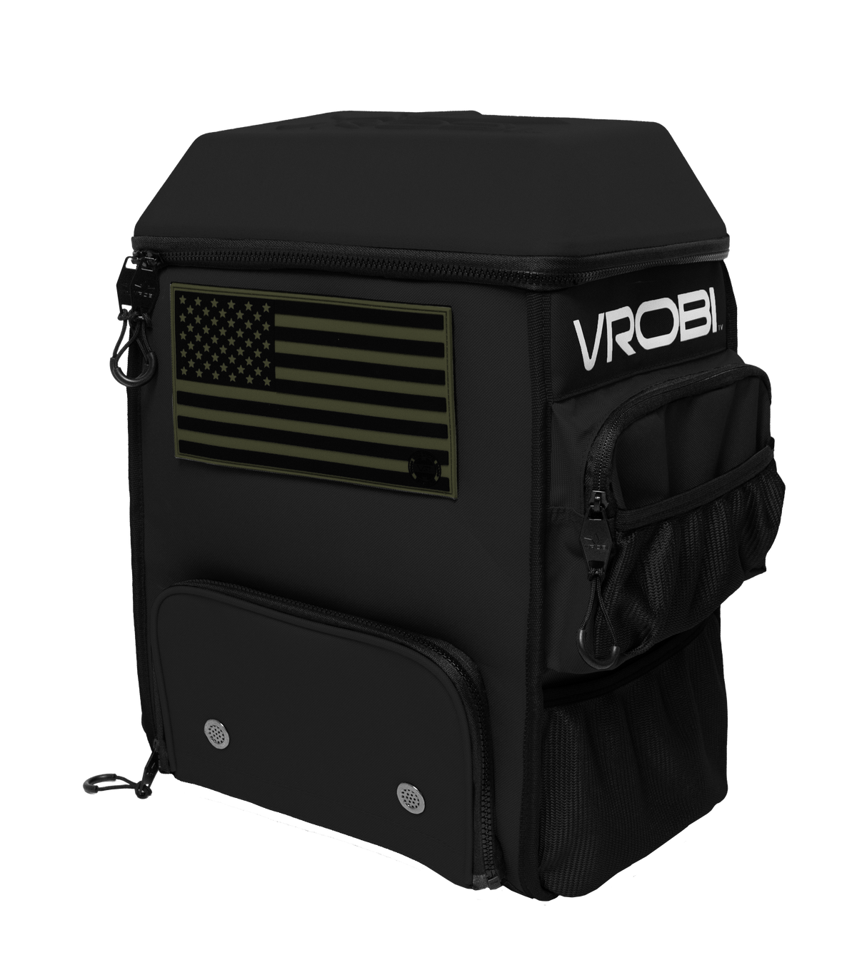 Black backpack with American flag patch and 'VROBI' branding on a white background