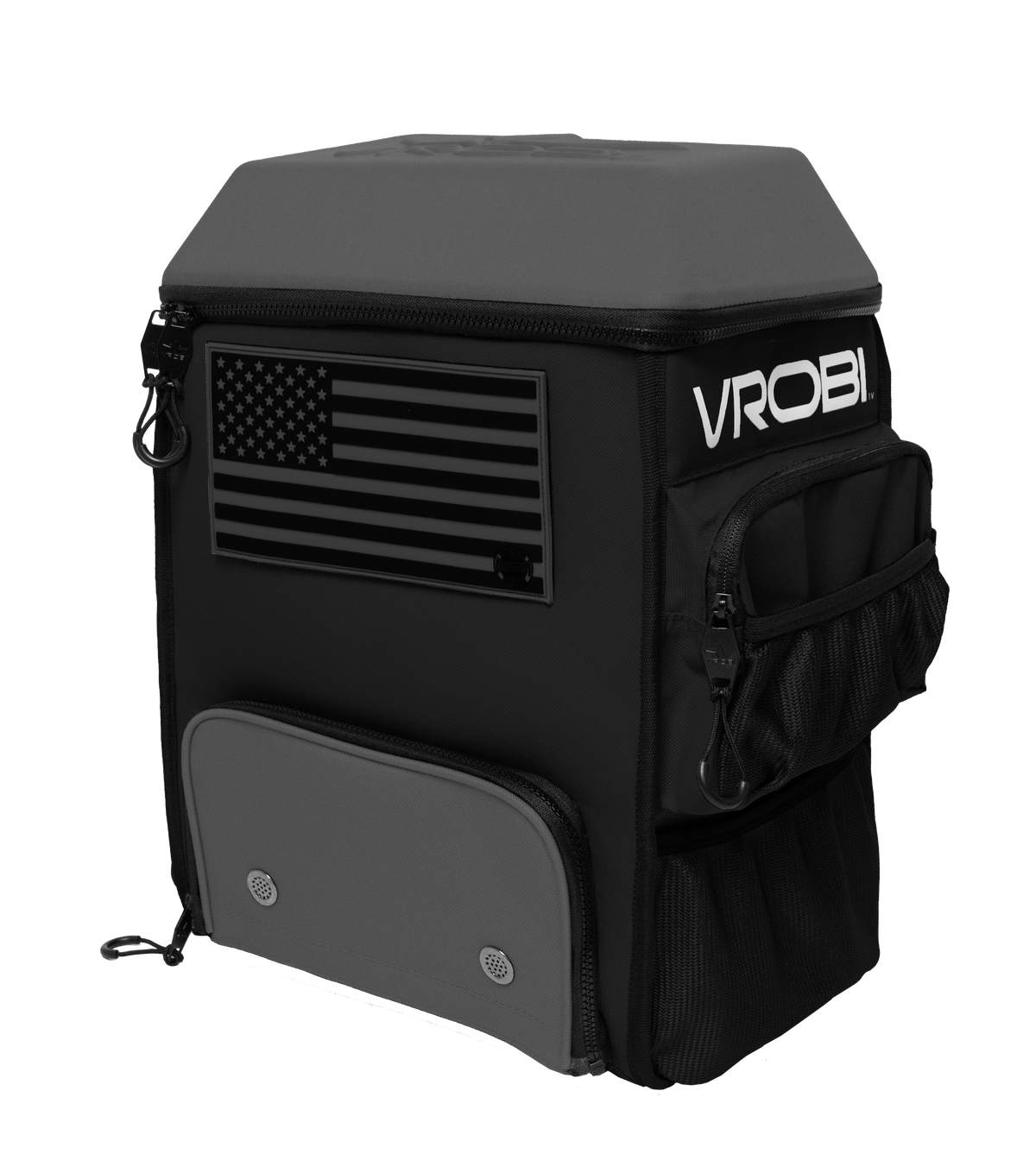 Black backpack with American flag design and 'VROBI' branding on a white background