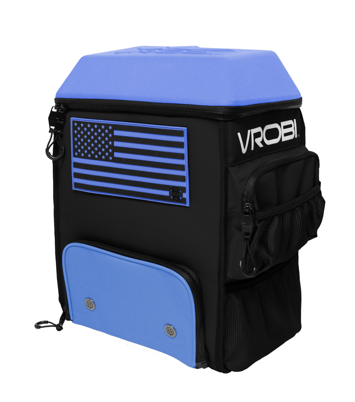 Black and blue backpack with American flag design and 'VROBI' branding on a white background