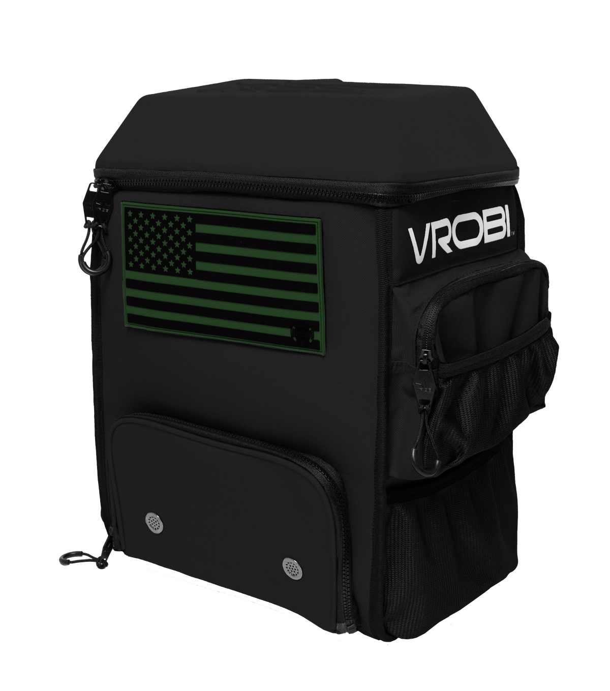 Black backpack with American flag patch and 'VROBI' branding on a white background
