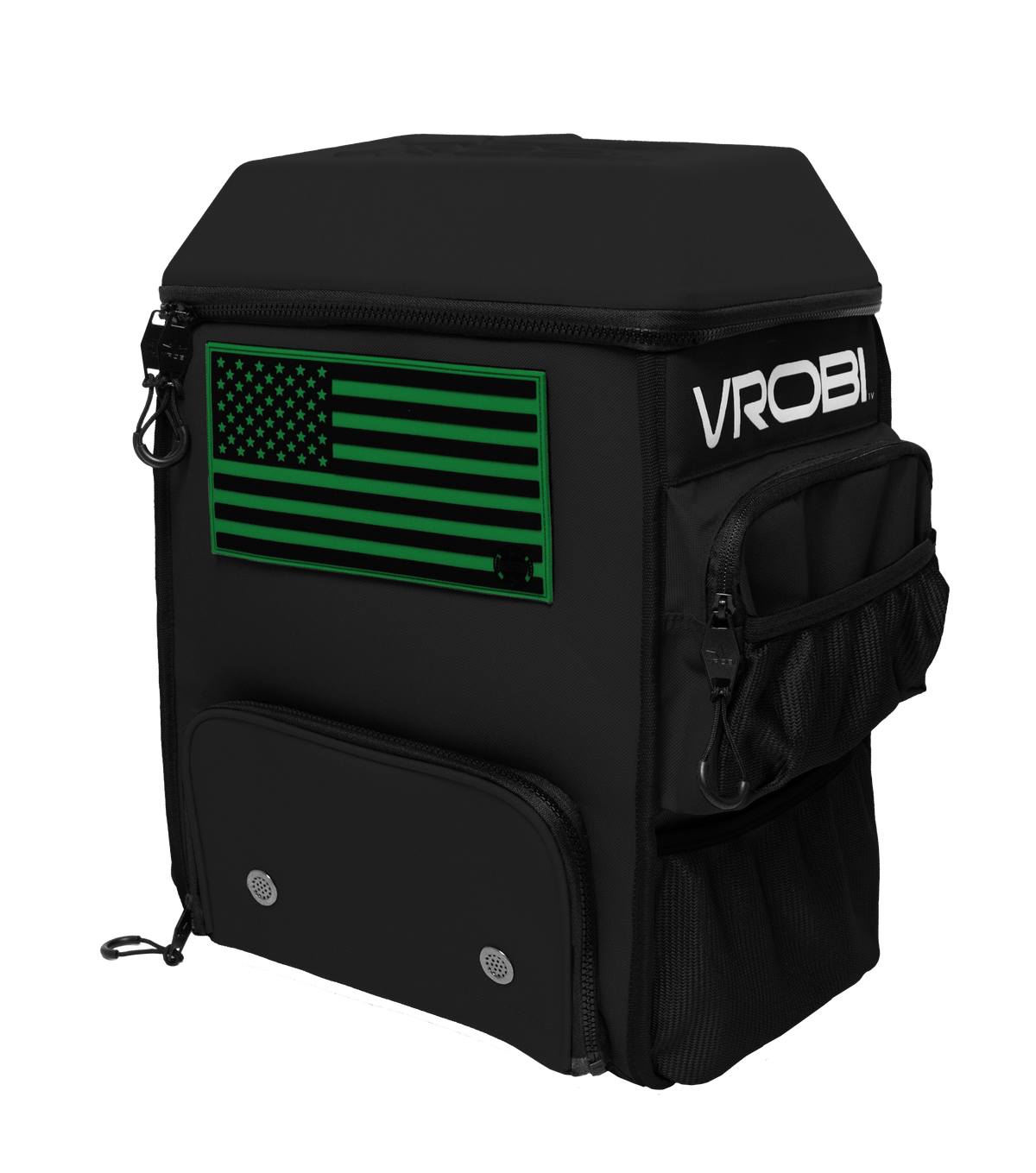 Black backpack with green American flag design and 'VROBI' branding on a white background