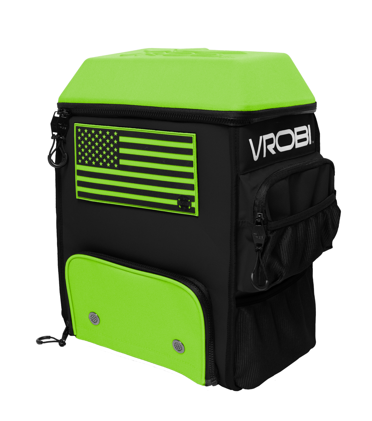 Black and green backpack with American flag design and 'VROBI' branding on a white background