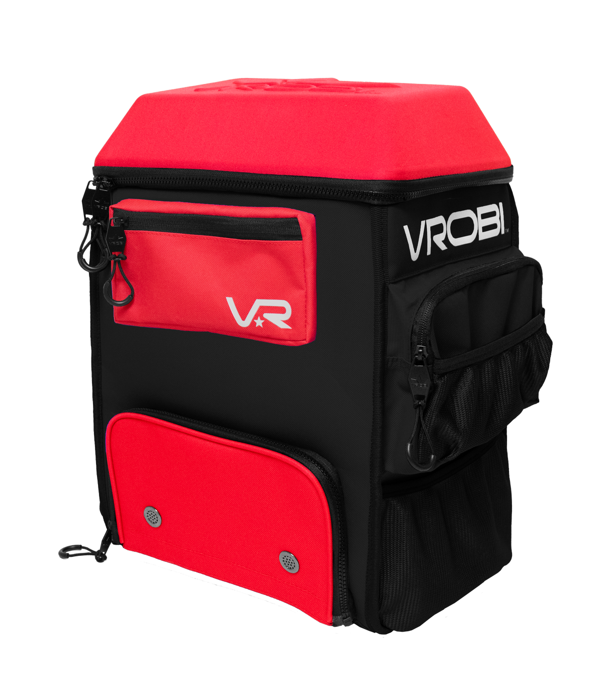 Black and red backpack with 'VROBI' branding on a white background