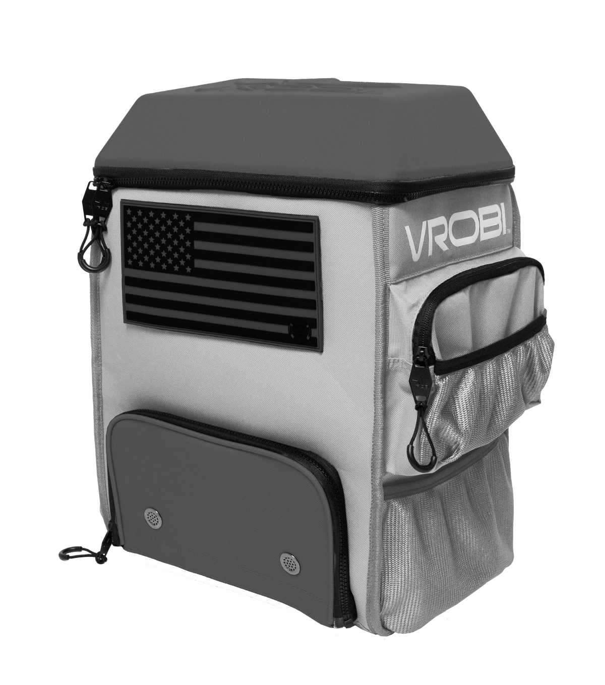 Gray backpack with American flag design and 'VROBI' branding on a white background