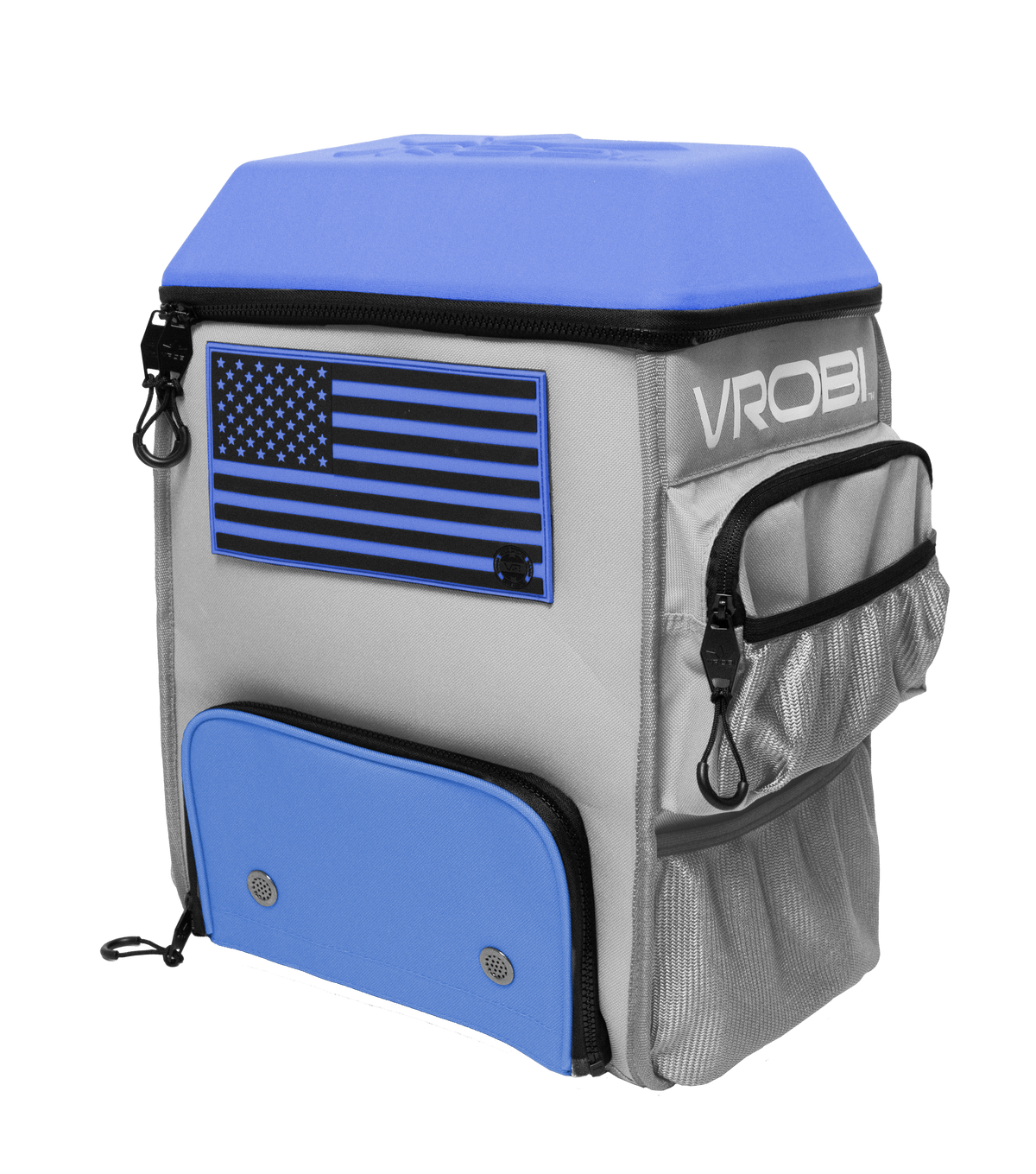 Backpack with American flag design and 'VROBI' branding on a white background