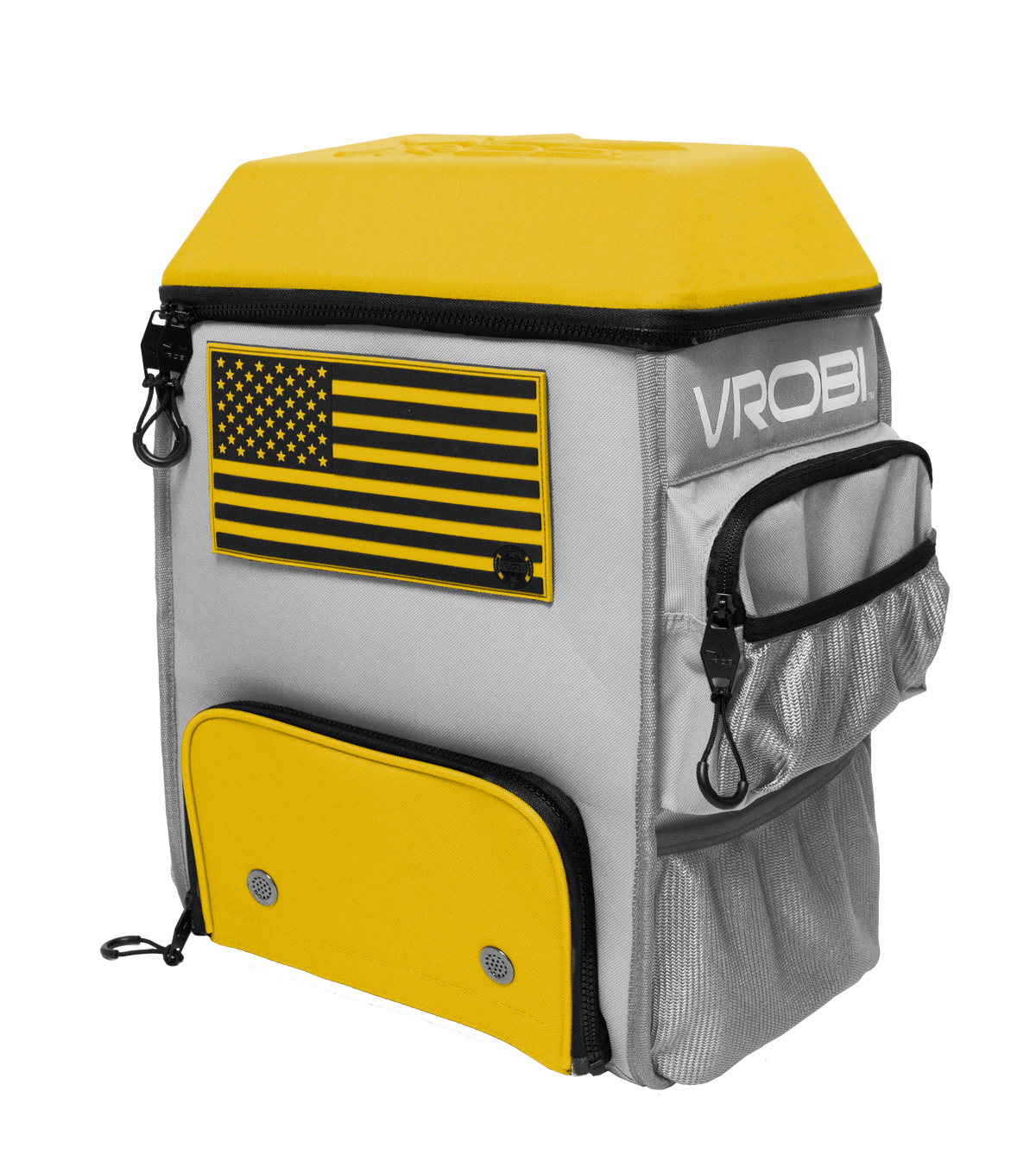 Grey Backpack with American flag patch and 'VROBI' branding on a white background